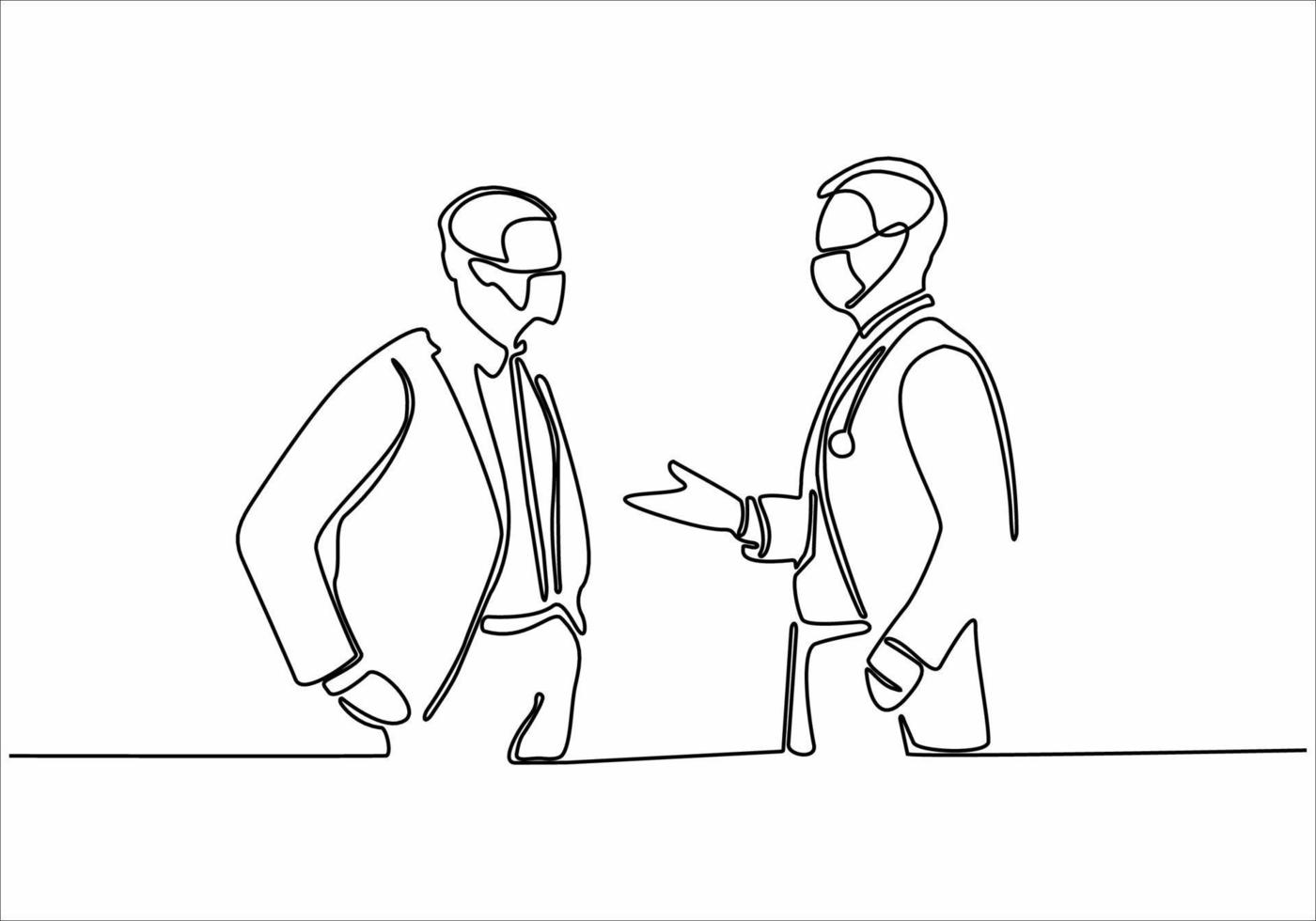 straight line drawing two business men shaking hands vector