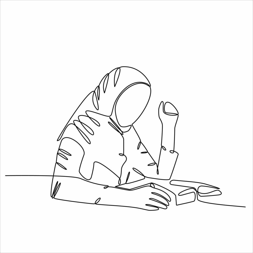 continuous line drawing hijab woman reading a book vector