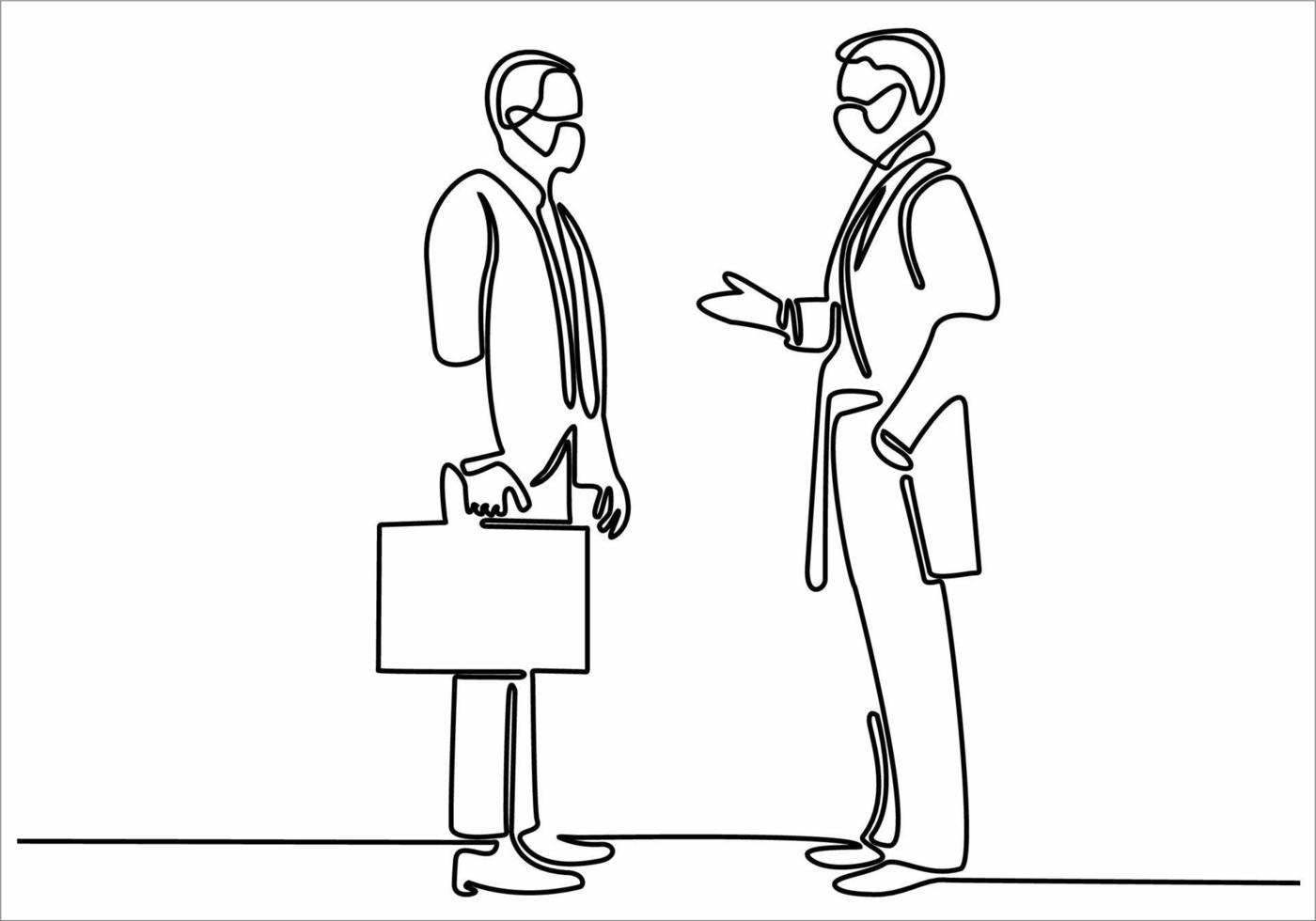 straight line drawing two business men shaking hands vector