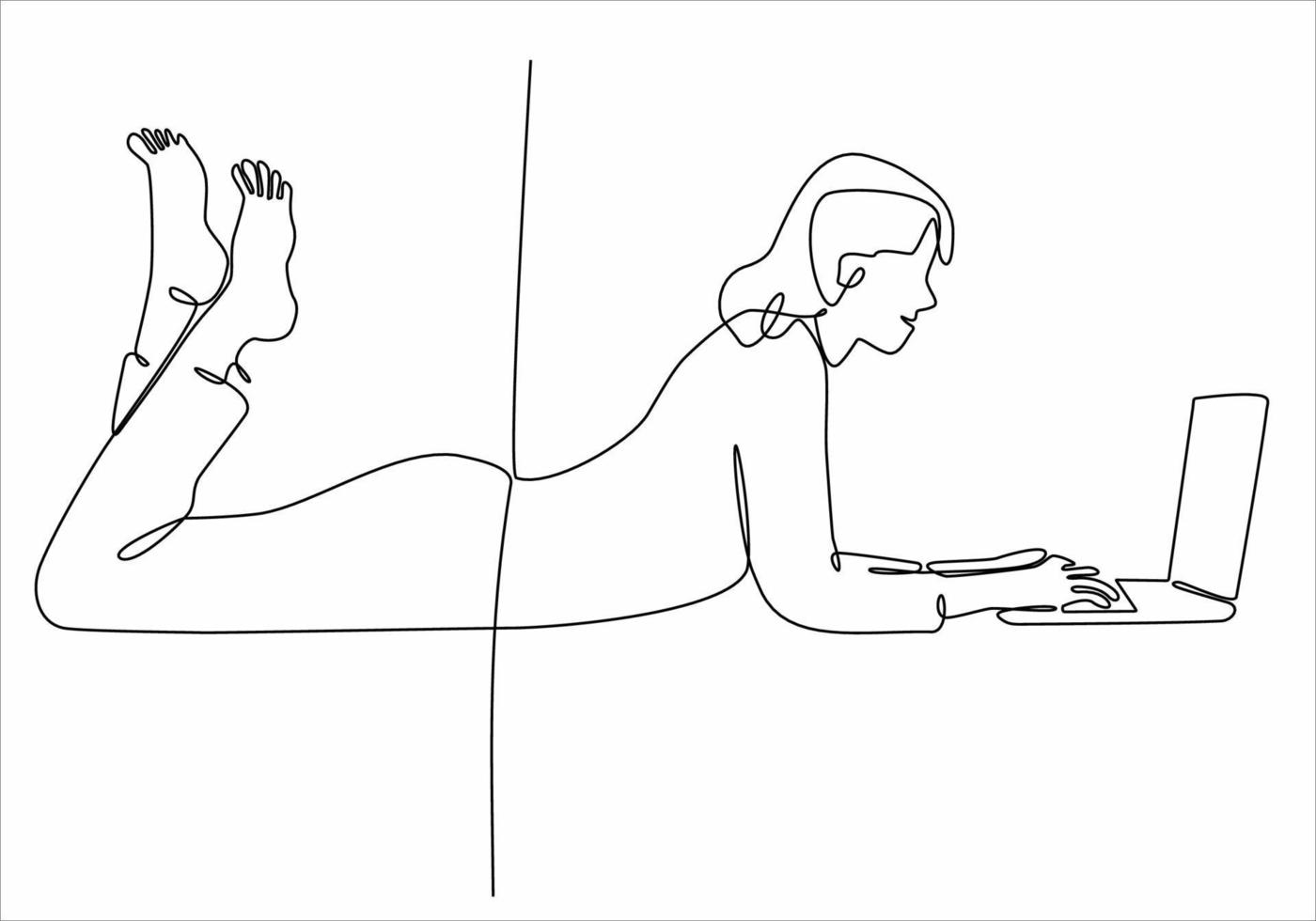 continuous line drawing woman sitting holding laptop vector