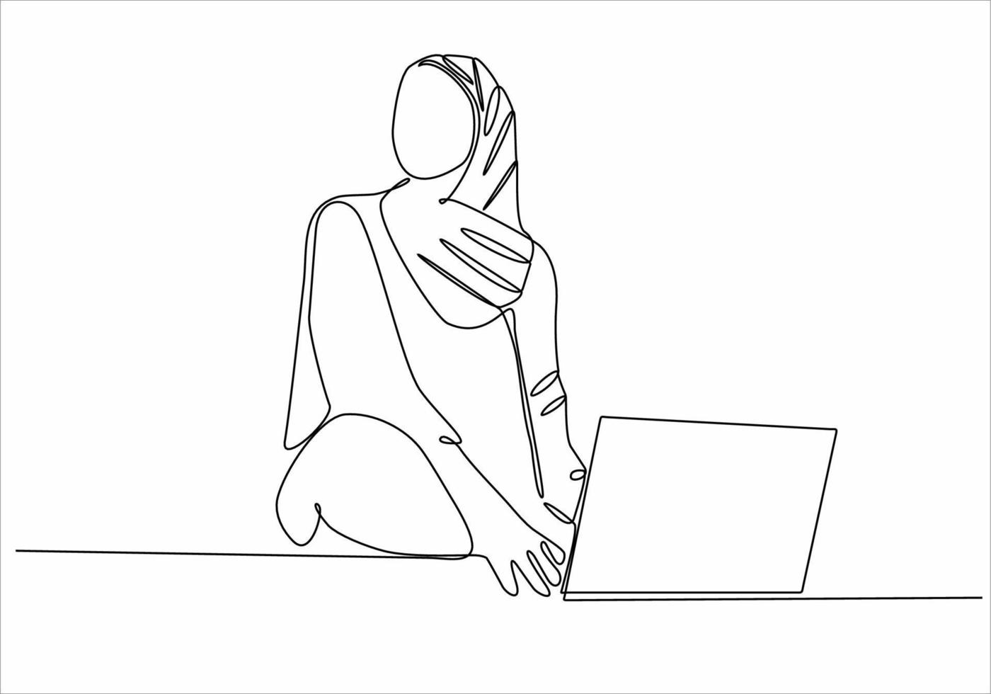 continuous line drawing woman sitting holding laptop vector