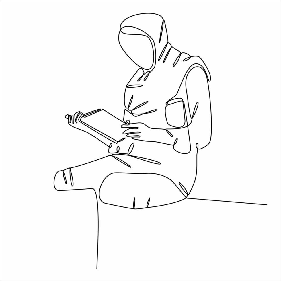 dibujo de línea continua hijab mujer leyendo un libro vector