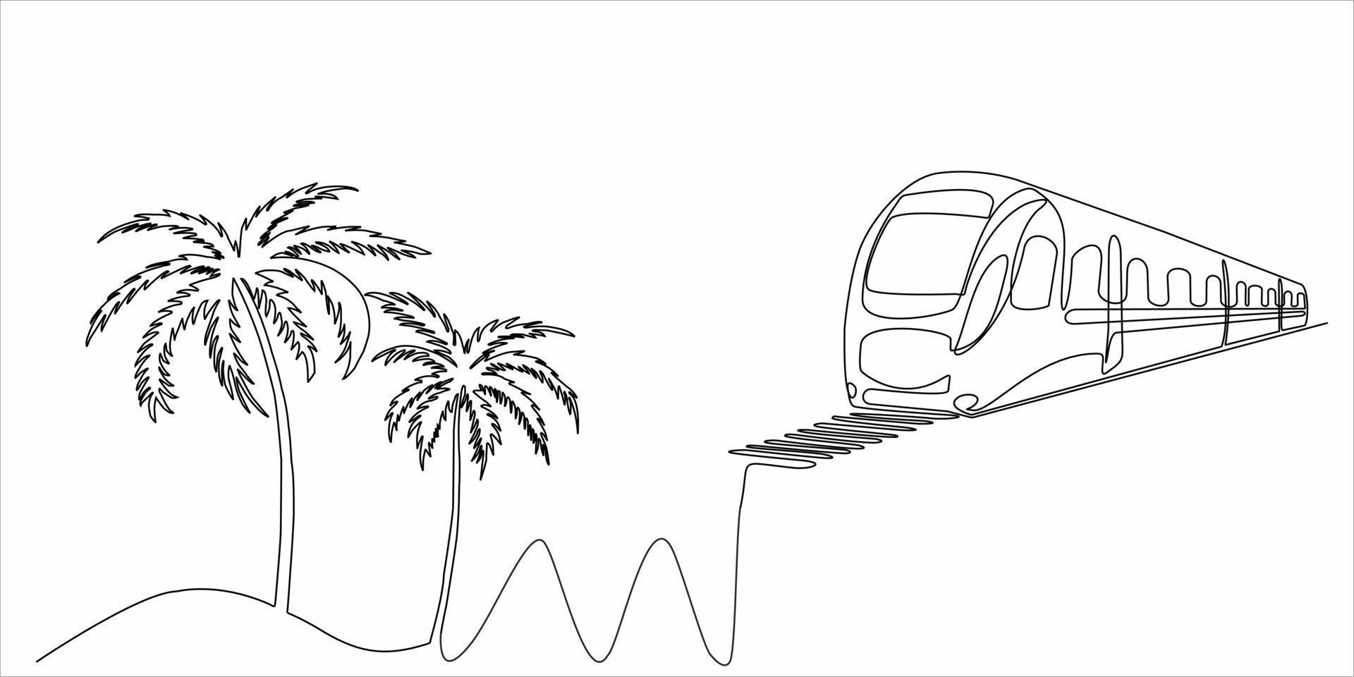 continuous line drawing of palm trees and train vector