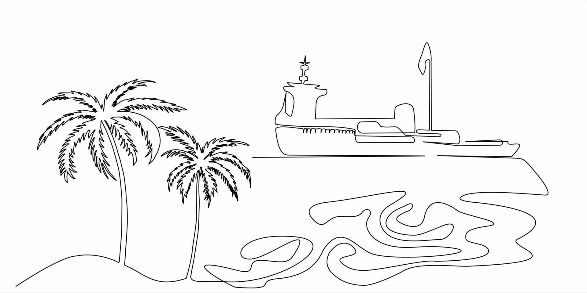 dibujo de línea continua de barcos y palmeras vector