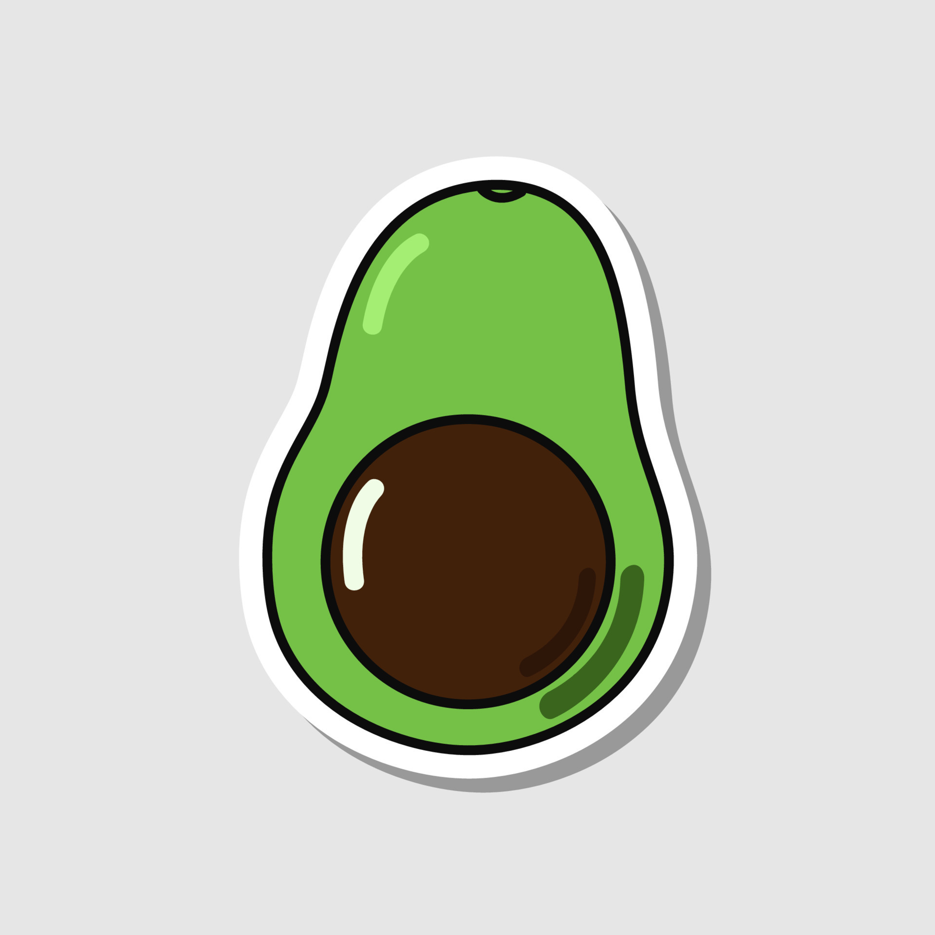 Vector avocado sticker in cartoon style. Isolated fruit with shadow