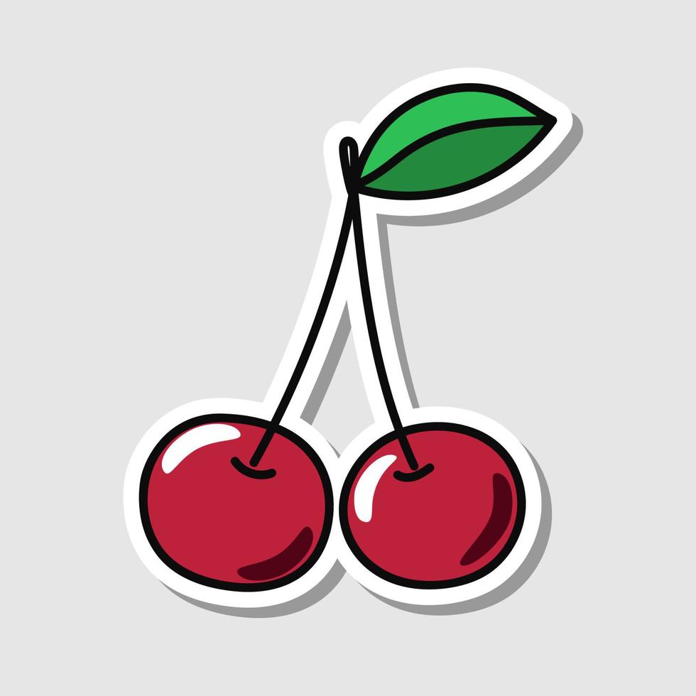 Vector cherry sticker in cartoon style. Isolated berry with shadow.