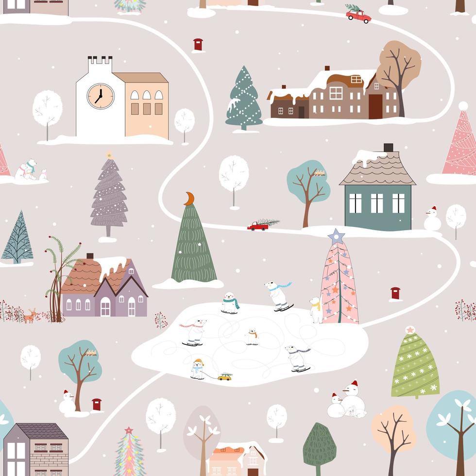 Seamless pattern Winter, Christmas landscape in the town with pine tree,fairy tale house,car,polar bear playing ice skate,Vector cute cartoon design Village on Christmas eve,New year 2023 background vector