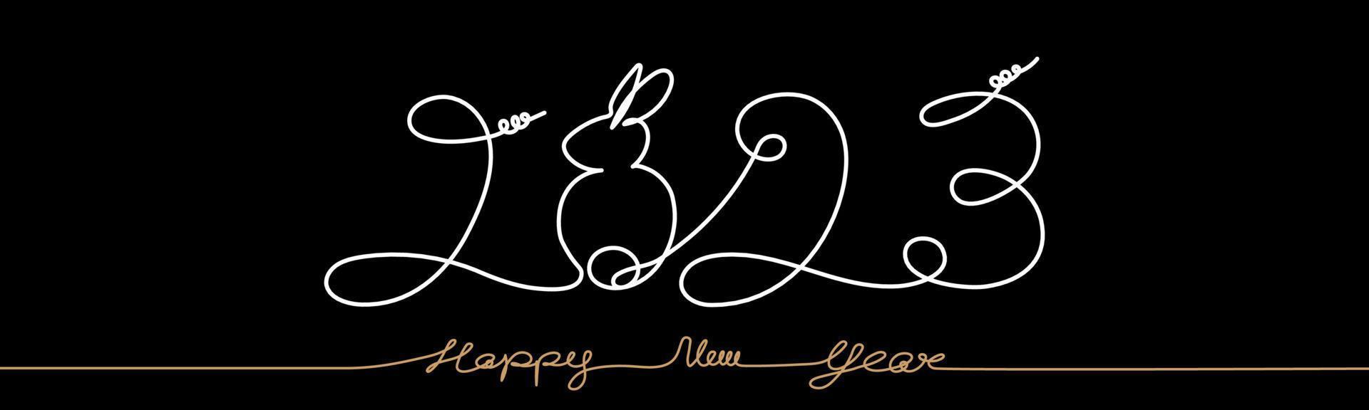 2023 Happy New Year One line continue drawing idea for Celebrate Year of rabbit,Vector illustration Logo text design white and gold, Hand writing lettering on black background for web banner,calendar vector