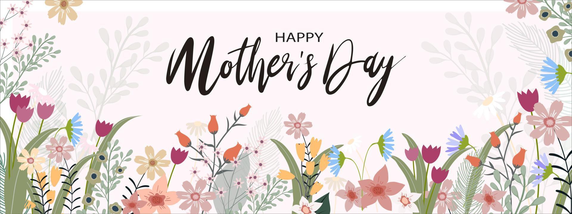 Mother's day banner with Spring flowers border on peach pastel background, Vector illustration horizontal backdrop of cute blooming flora frame, Flat design of Beautiflu botanical