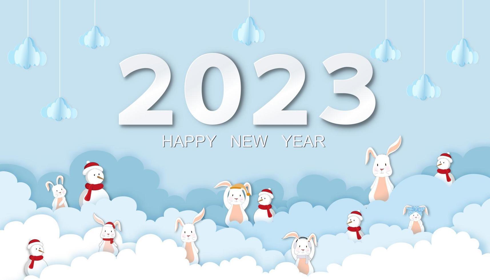 2023 Origami Cloud,Rabbit,Snowman on Blue Sky background, Vector illustration Cloudscape layers 3D paper art style with Horizontal banner, backdrop, calendar for Happy New Year 2023, Year of Rabbit