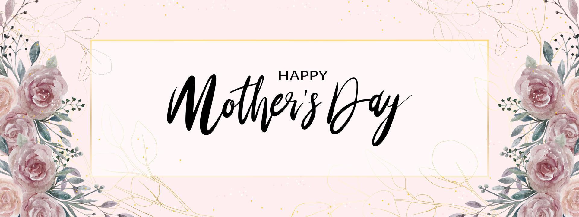 Mother's day banner with roses bouquet watercolor paint on peach background,Vector illustration backdrop of beautiful pink flowers and leaves gold element frame,Flat design greeting card of botany vector