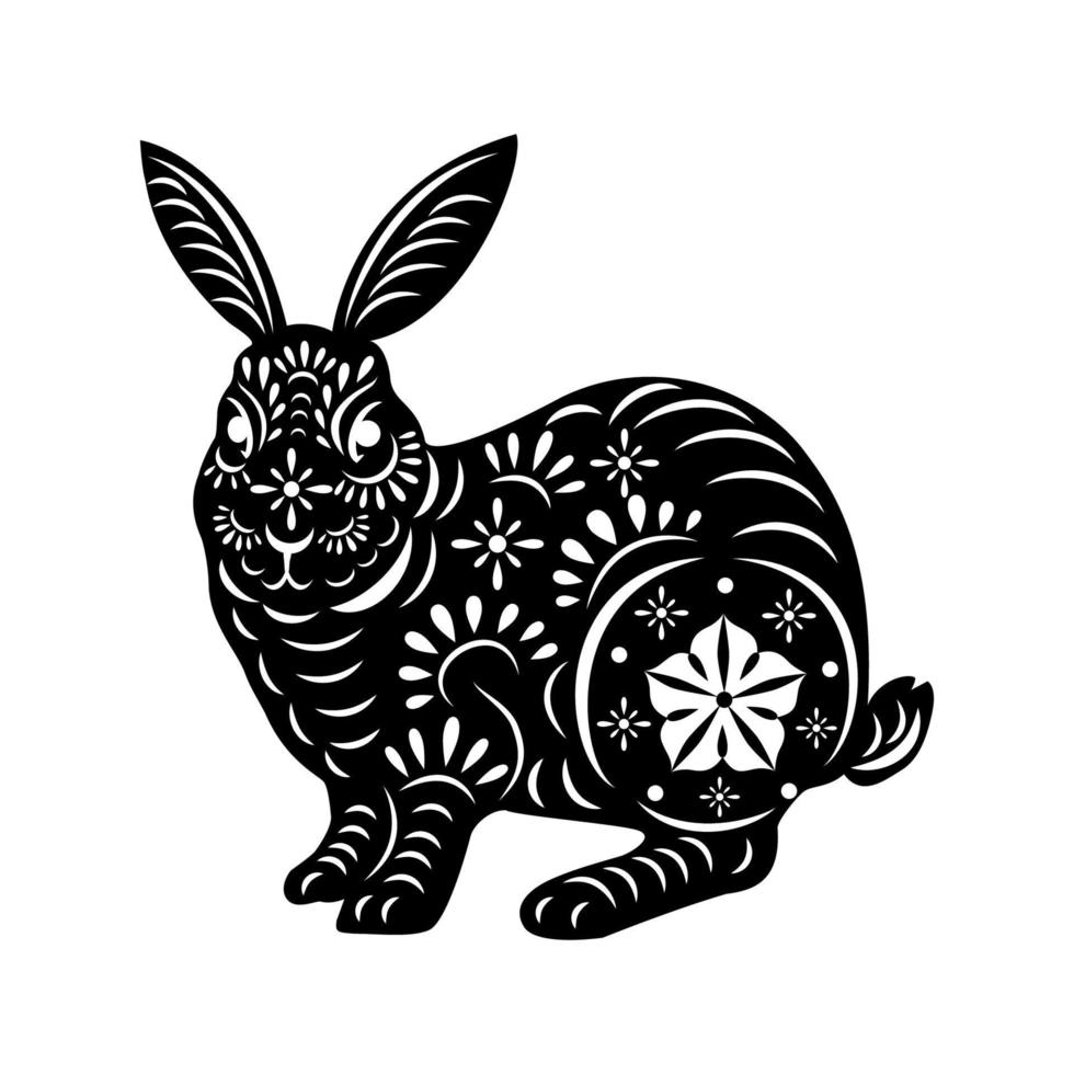2023 Year of rabbit with paper art cut on white background, Chinese zodiac, Beautiful Easter Bunny with Floral fancy hare with laser cut pattern for die cutting or template vector