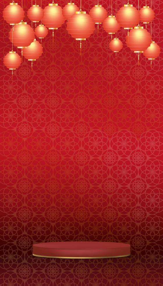 Happy Chinese new year 2023,Festive gift card template with 3d podium red lunar wall paper background,Vector Mid Autumn Festival red Lantern hanging on Asian Art Style wall,Holiday, web banner,poster vector