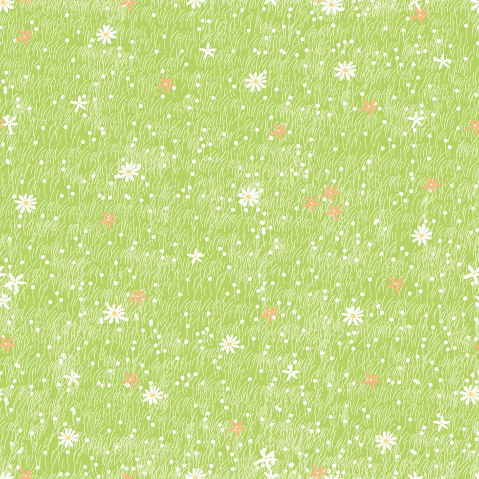 hierba verde de primavera sin costuras en verano, patrón de fondo de ilustración vectorial textura de campo de césped natural, dibujos animados lindos interminables pequeñas flores silvestres y pradera en primavera.repetir fondo de superficie natural vector