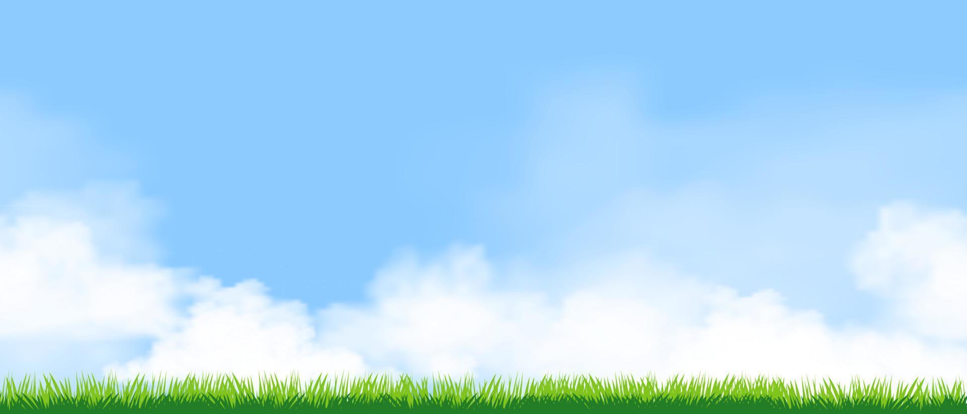 paisaje de hierba verde de primavera de patrones sin fisuras con podría en el cielo azul en un día soleado, campo de verano de banner de dibujos animados de vector interminable de pradera, fondo de césped de fondo horizontal