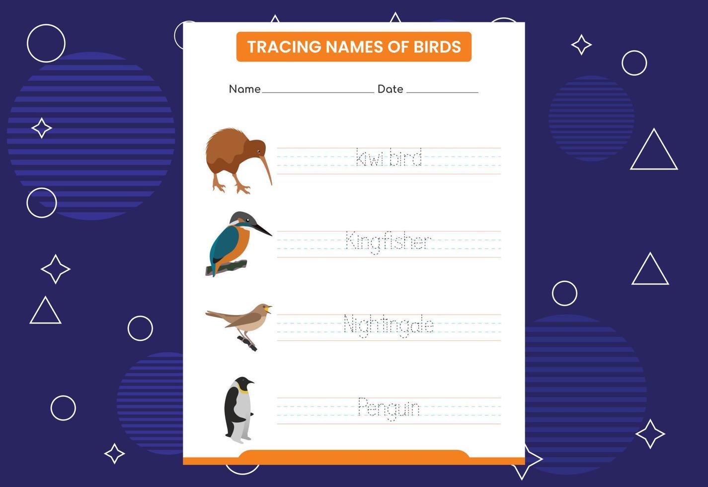 Trace the names of birds. Handwriting practice for preschool kids vector