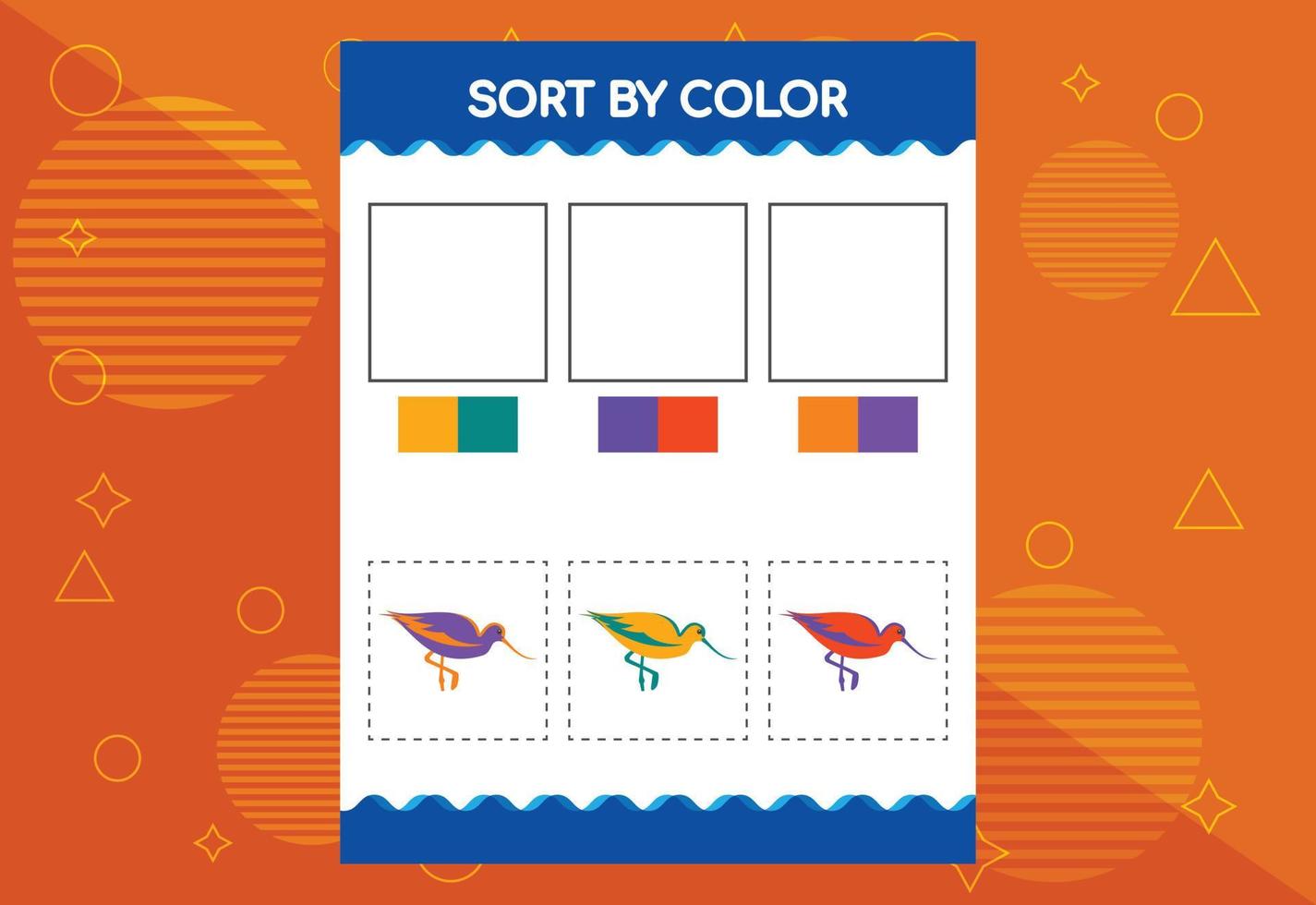 Sort by color worksheet for kids. Good for school and kindergarten projects. Educational worksheet vector