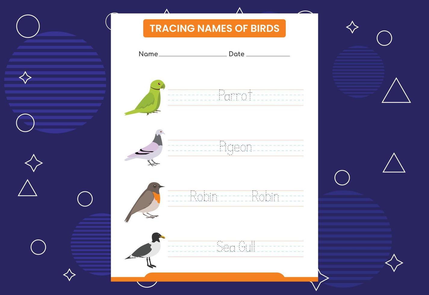 trazar los nombres de las aves. práctica de escritura a mano para niños en edad preescolar vector