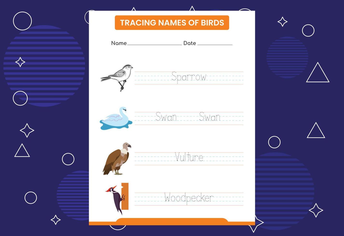 Trace the names of birds. Handwriting practice for preschool kids vector