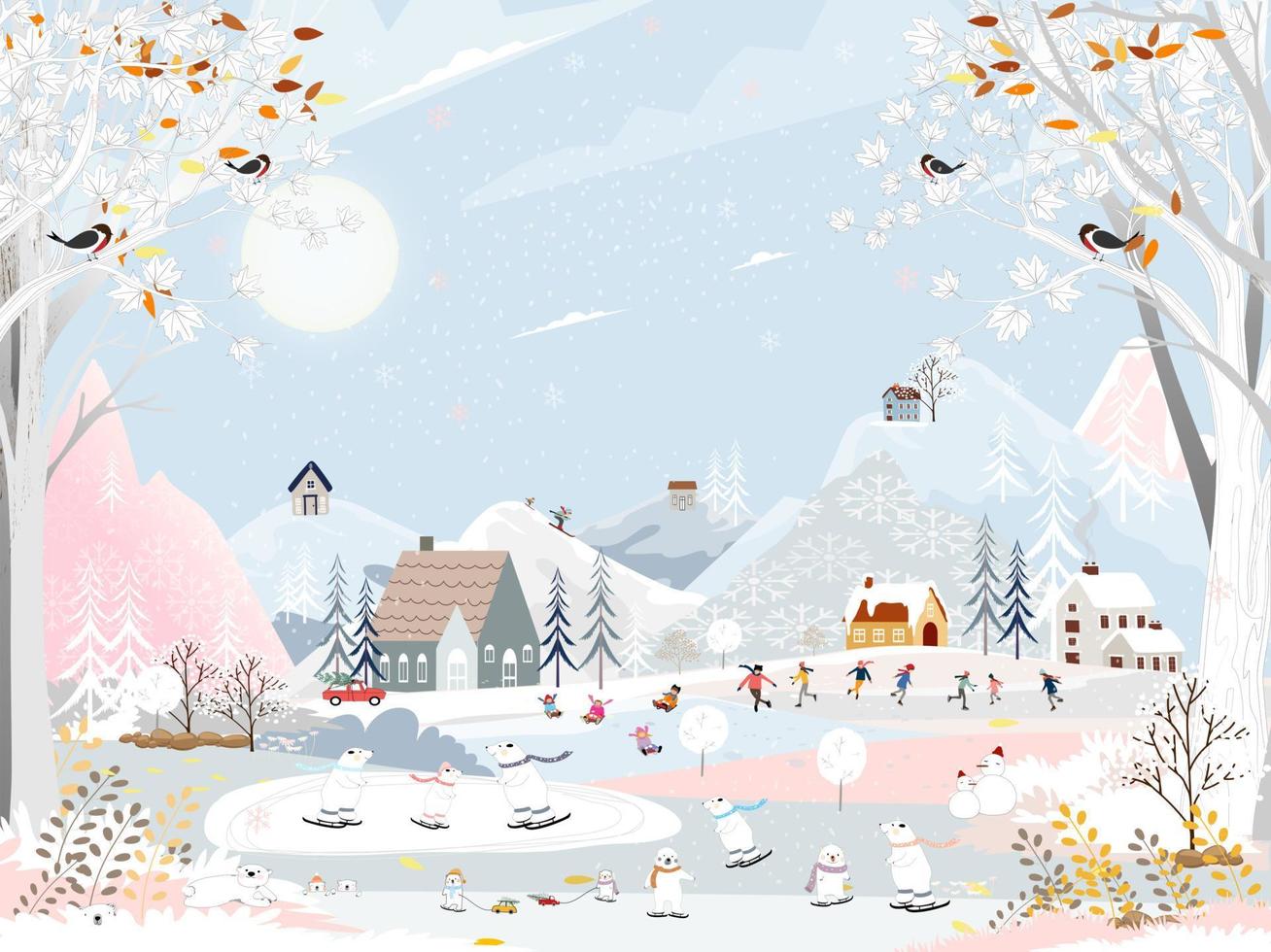 paisaje invernal por la noche con gente divirtiéndose haciendo actividades al aire libre en año nuevo, paisaje de ciudad vectorial en vacaciones de navidad con celebración de personas, oso polar jugando patines de hielo, adolescentes esquiando vector