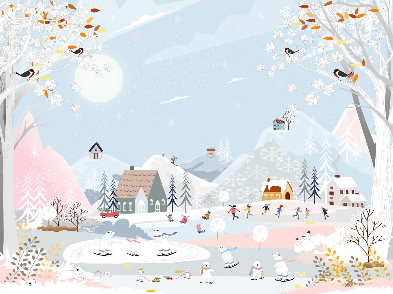 Winter landscape at night with people having fun doing outdoor activities on new year,Vector city landscape on Christmas holidays with people celebration,polar bear playing ice skates,teenagers skiing vector