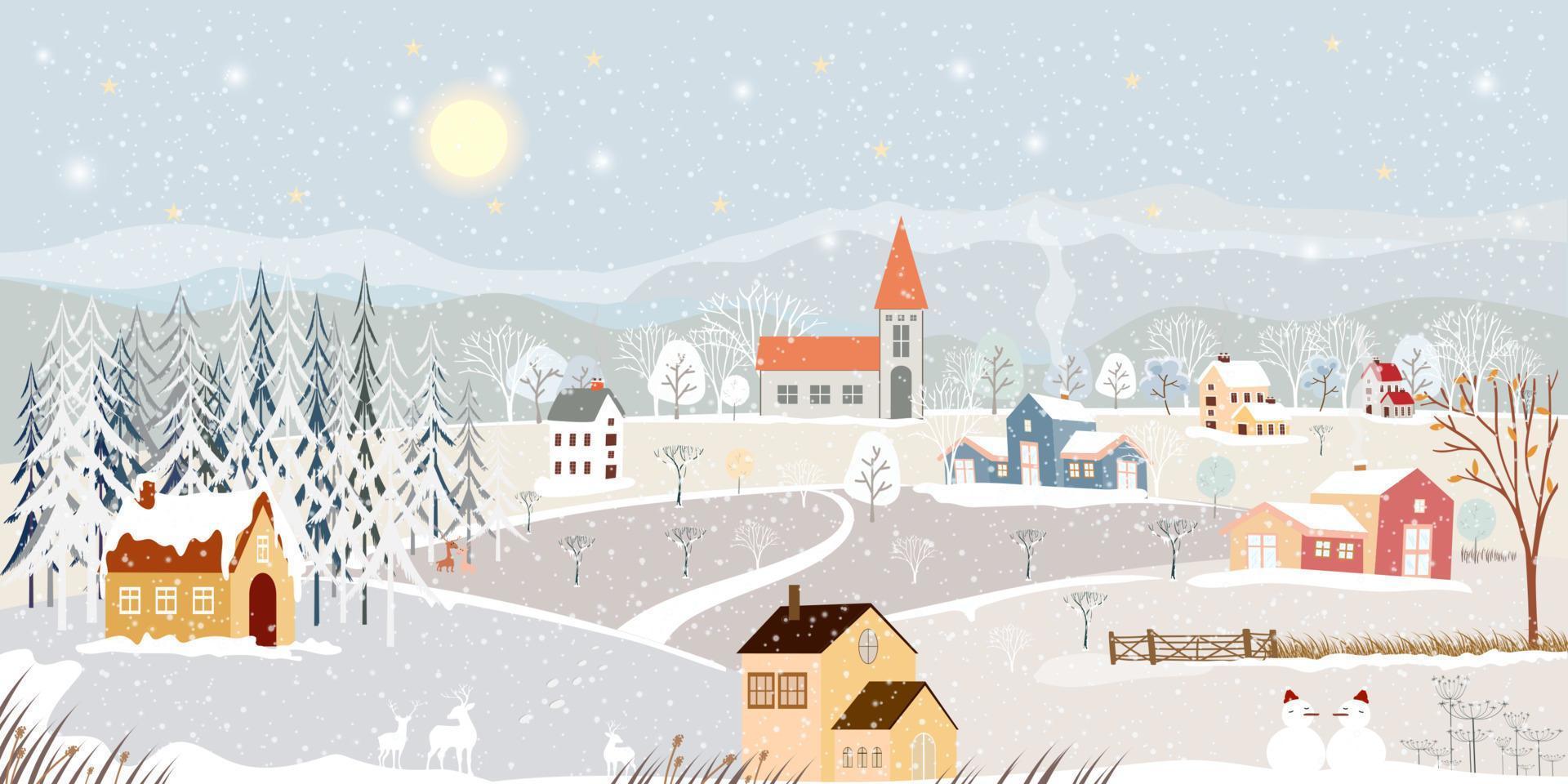 Winter landscape in village at night in countryside background,Vector horizontal banner winter wonderland with house on hills and forest pine tree,Backdrop for Celebrating Christmas and New Year 2023 vector