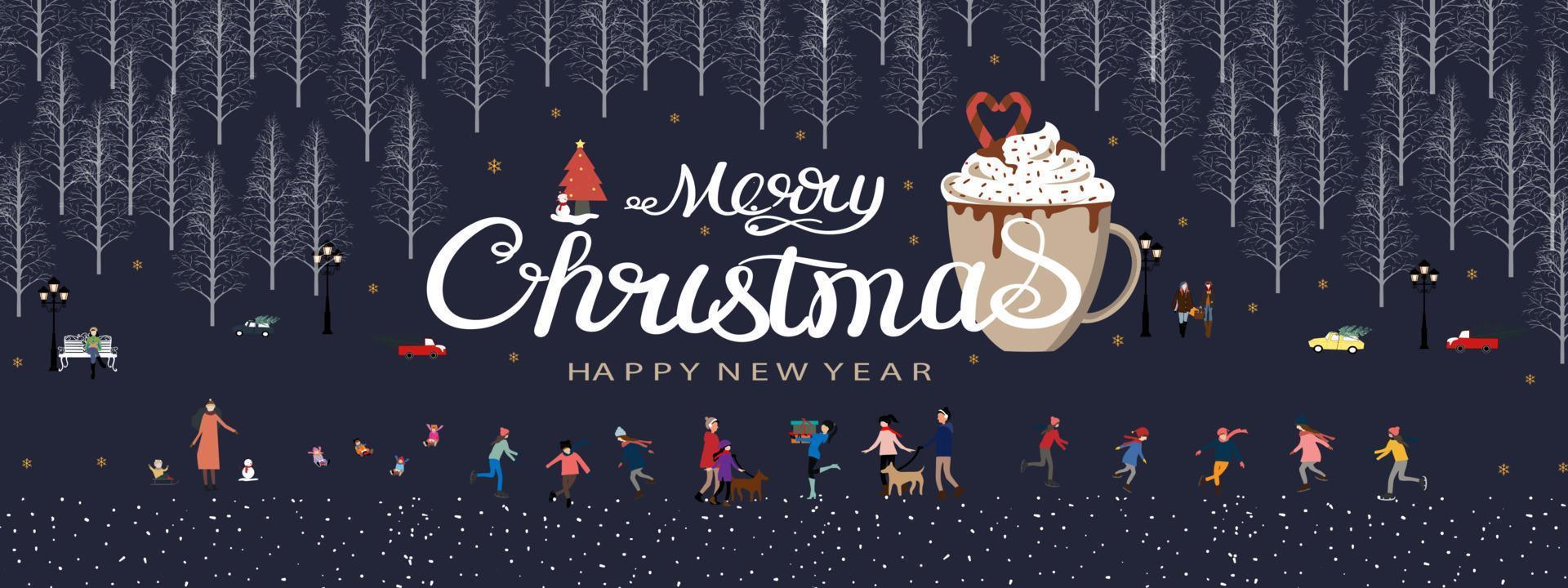 Christmas and Happy New Year 2023 banner with People celebrating in the park, Snowman,forest pine trees, Hot chocolate drink on night blue sky background. Vector illustration panorama backdrop
