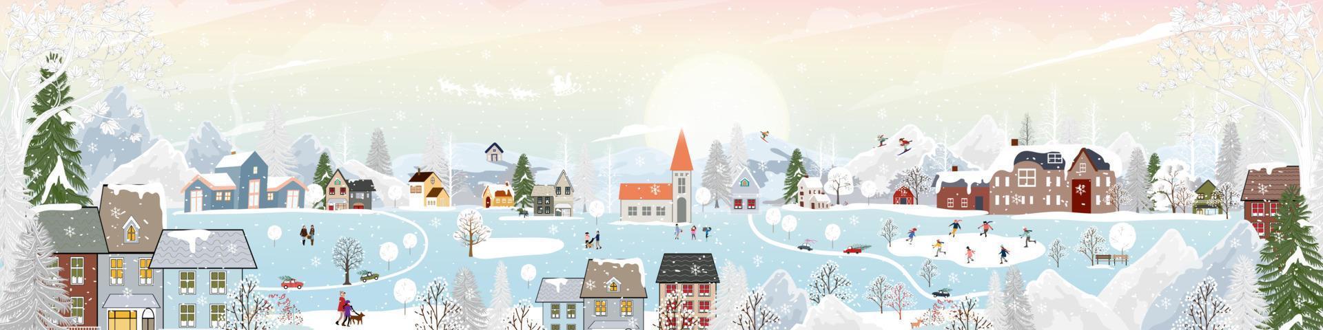 Winter landscape with snowing covering forest pine tree and mountains,  Panoramic Winter wonderland with farm house in village,Vector Horizontal  banner for Christmas holiday or New year 2023 background 11764836 Vector  Art at