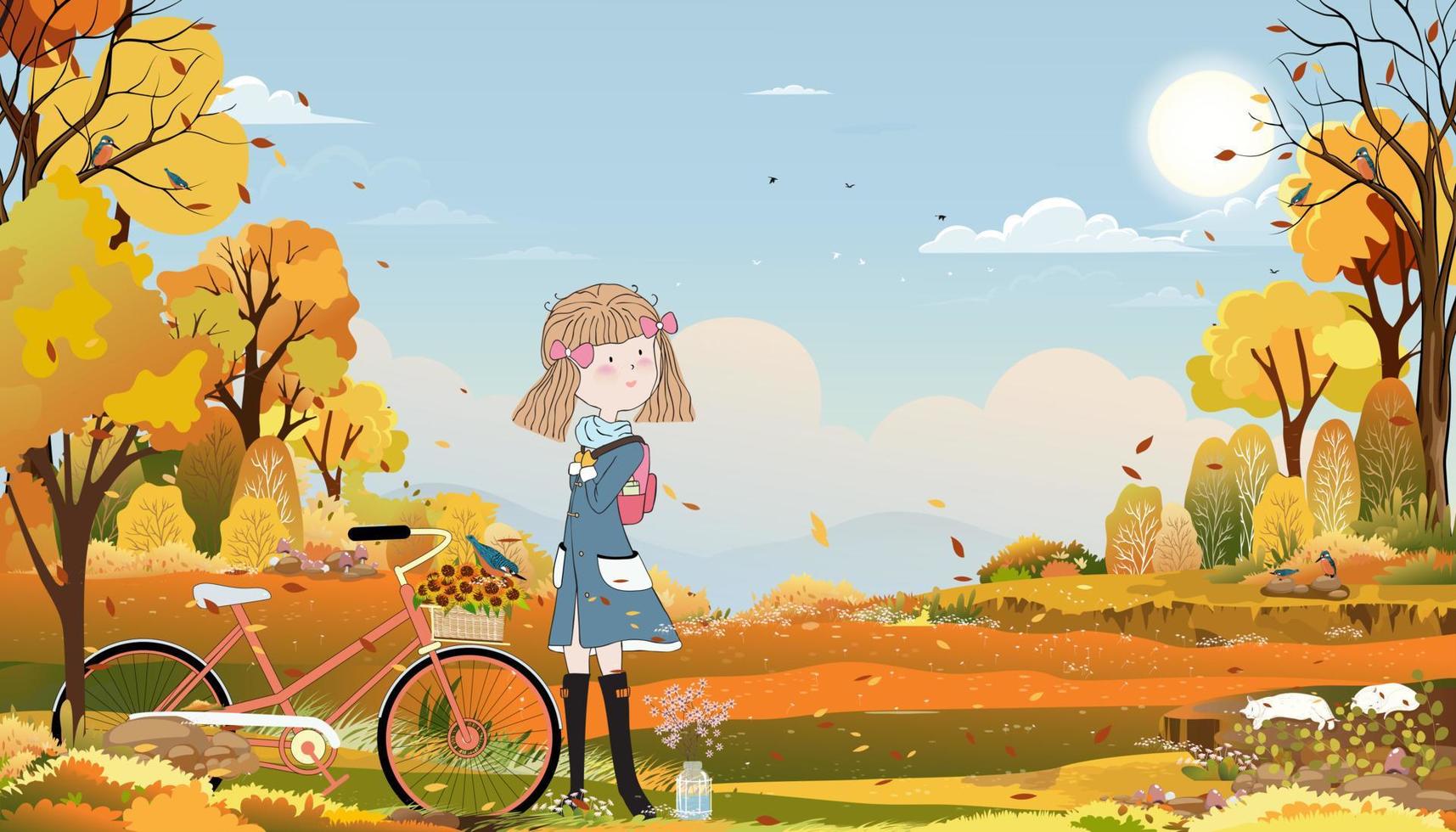 fondo de paisaje otoñal con una chica alegre con abrigo caminando en un campo de hierba con hojas de arces cayendo, linda colegiala de dibujos animados con bicicleta parada bajo un árbol, pancarta vectorial de temporada de otoño vector