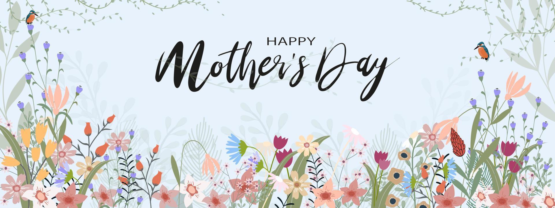Mother's day banner Spring flowers border with birds on climbing plant on blue pastel background,Vector illustration horizontal card or backdrop of cute blooming flora frame design of Beautiful botany vector
