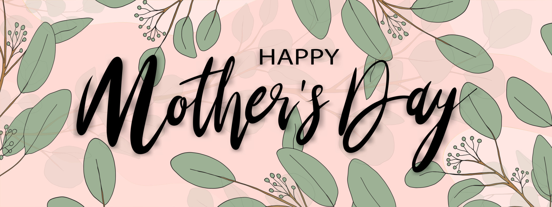 Mother's day banner with Eucalyptus branches leaves border on peach ...