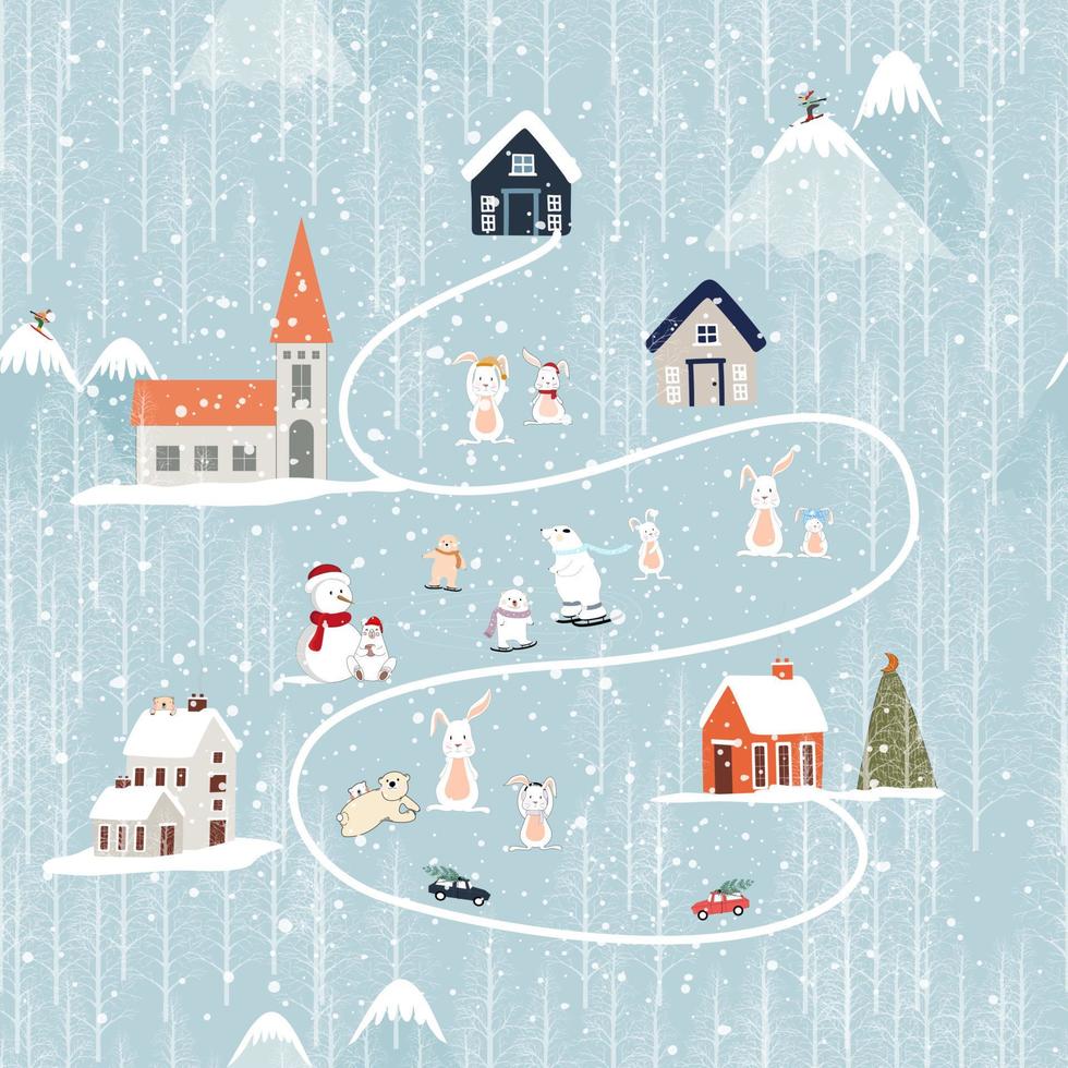 invierno de patrones sin fisuras, paisaje navideño en la ciudad con pino, casa de cuento de hadas, coche, oso polar jugando patinaje sobre hielo, pueblo de diseño de dibujos animados lindo vector en nochebuena, fondo de año nuevo 2023