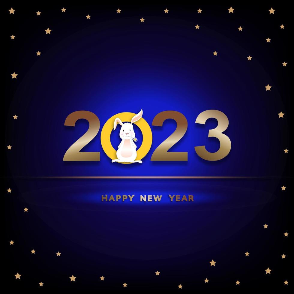 Happy New Year 2023 with stars on dark blue Background Template. Holiday Vector Illustration of Cute rabbit on golden Numbers 2023. Background Festive Poster or Banner Design.Modern Holiday Background