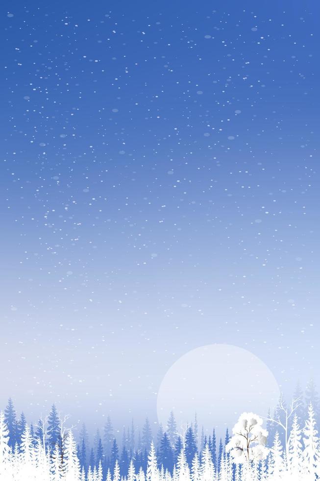 Pino de bosque de paisaje invernal, país de las maravillas de invierno de noche mágica con luna llena y nieve cayendo del cielo azul, vector vertical hermoso natural para Navidad, fondo de vacaciones de año nuevo