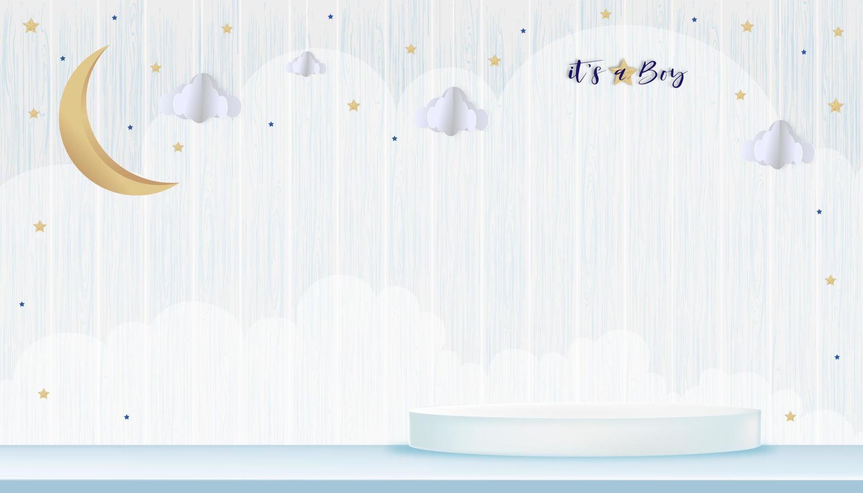 Vector for baby boy shower card on wood background,Cute Paper art abstract origami cloudscape, crescent moon and stars on blue sky and 3D podium,Paper cut with copy space for baby's photos