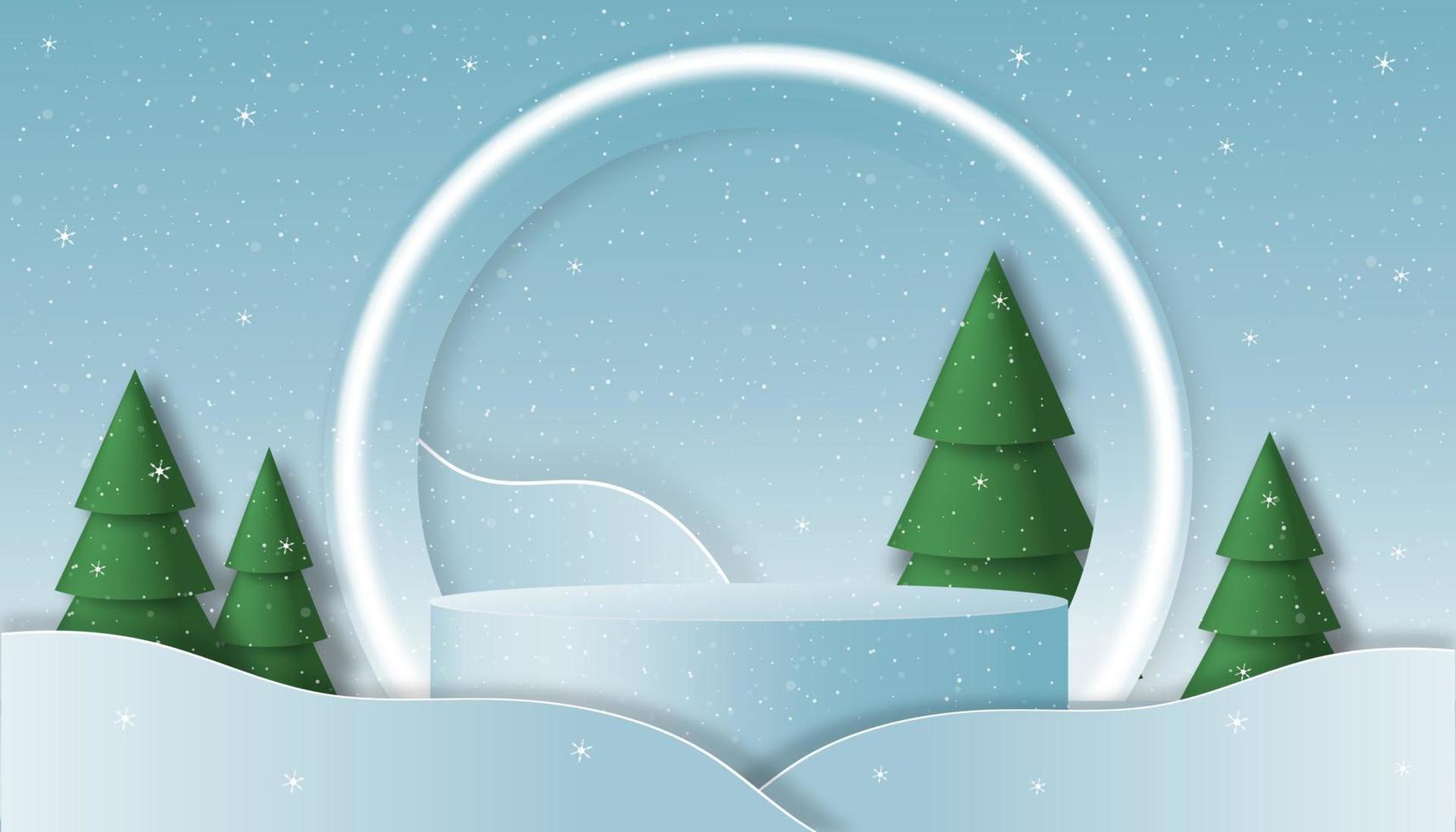 fondo de navidad de la sala de estudio podio de cilindro 3d con pino de arte de papel y copo de nieve sobre fondo azul, diseños de banner de invierno vectorial para promoción de año nuevo, descuento, venta en 2023 vector