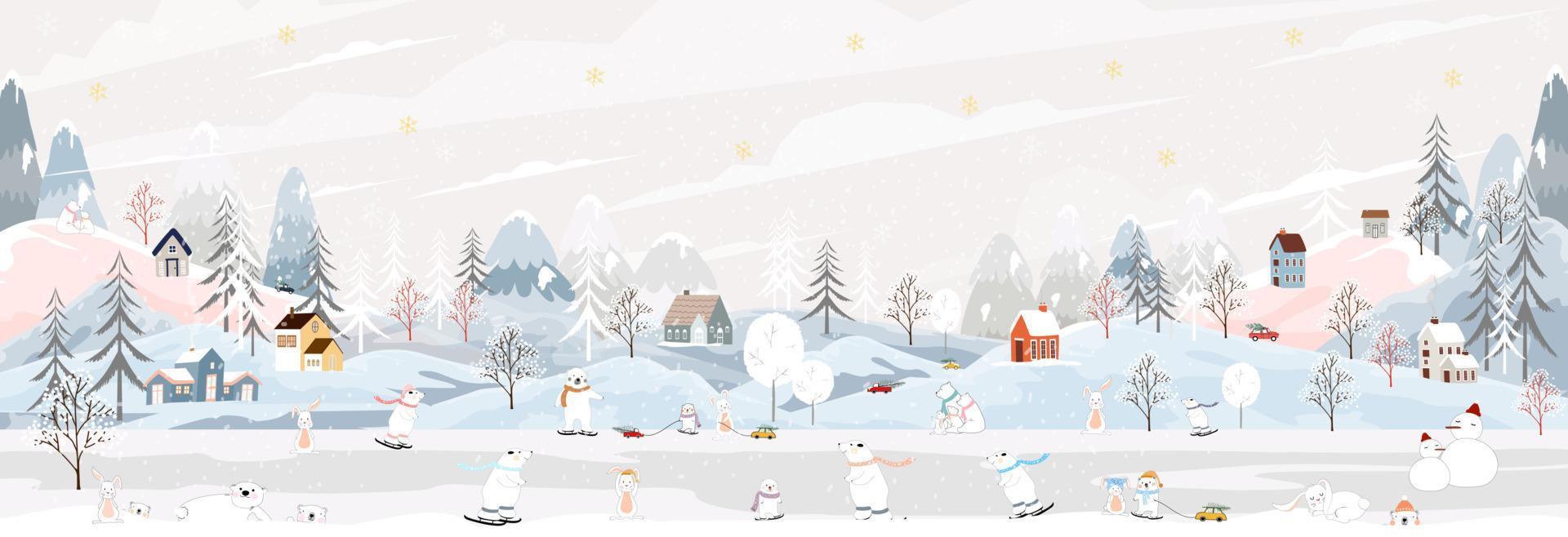 paisaje invernal con feliz oso polar y conejo jugando patines de hielo en el parque por la noche, vector banner invierno maravilloso conejito y oso celebrando en el bosque, navidad y año nuevo 2023 fondo