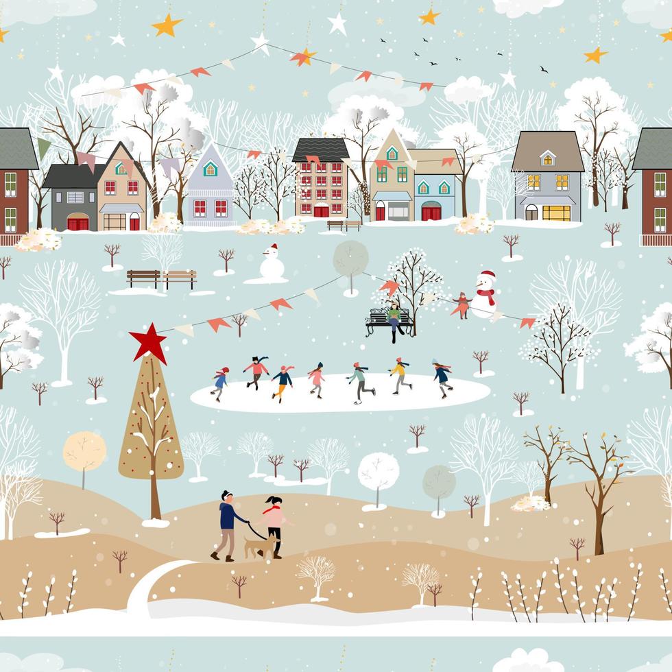 Seamless pattern Winter wonderland landscape in village,Vector Happy kid playing ice skates in the park, Endless Winter city nightlife on holiday for Christmas and new year 2023 background vector