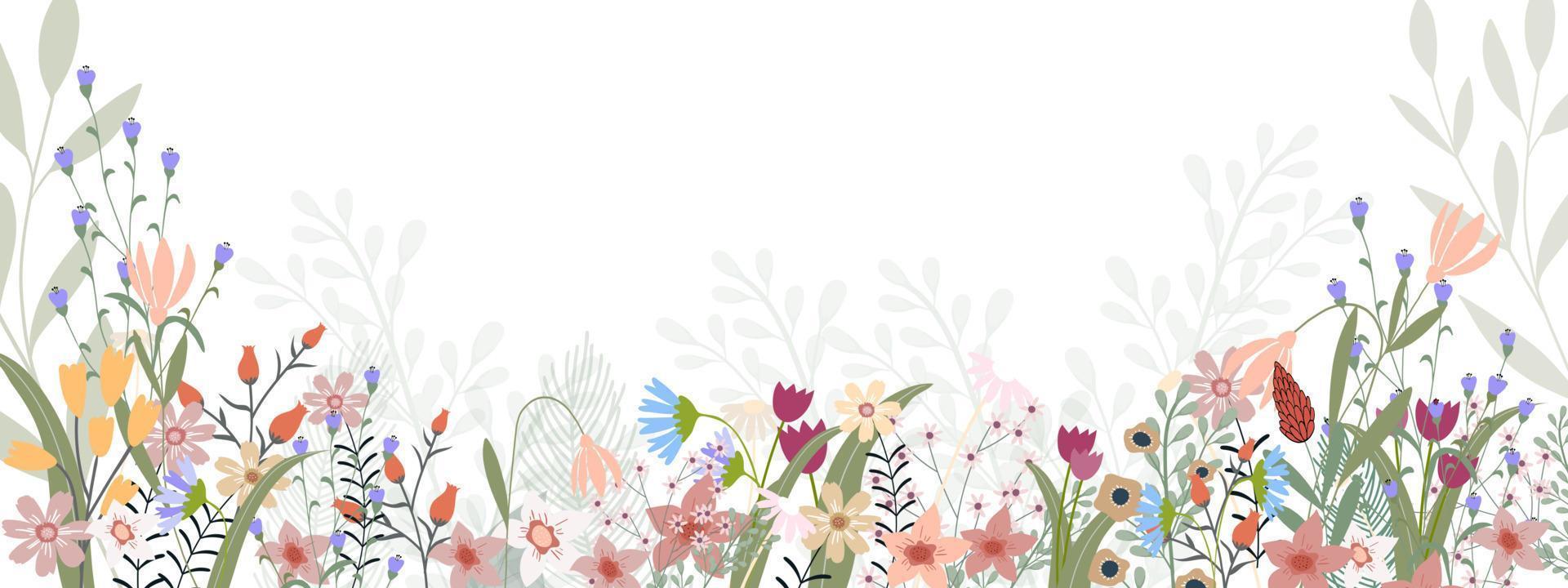 pancarta del día de la madre con borde de flores de primavera sobre fondo blanco, fondo horizontal de ilustración vectorial de marco de flora floreciente, hermoso botánico para saludo cad o invitación de boda vector