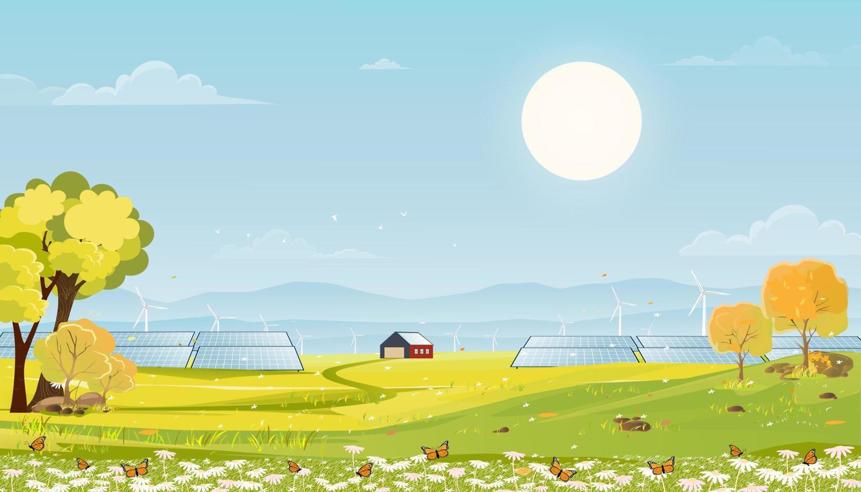 Spring landscape by the lake with green field,Solar panel wind turbines installed as renewable station energy sources for electricity and power supply,Vector nature rural by river blue sky and clouds vector