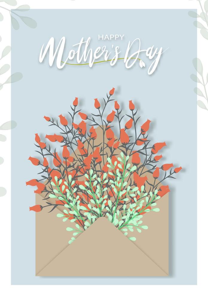 tarjeta de felicitación del día de la madre con ramo de flores de primavera dentro del sobre, estilo de corte de papel de diseño plano de moda dibujado a mano vectorial. vector