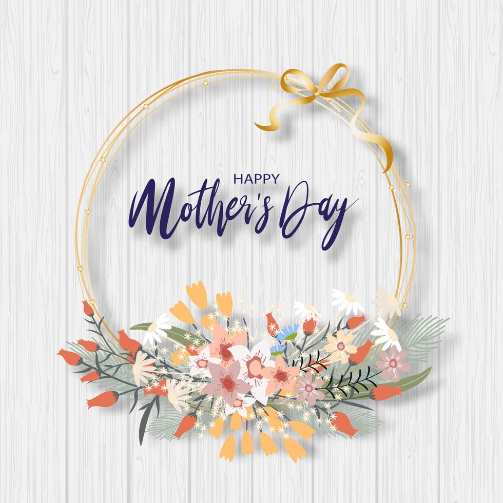 Happy mother's day greeting card with Beautiful bouquet of spring flowers on wooden wall, Vector illustration Beautiful design wreath botanical suitable for print, decoration, invitation background