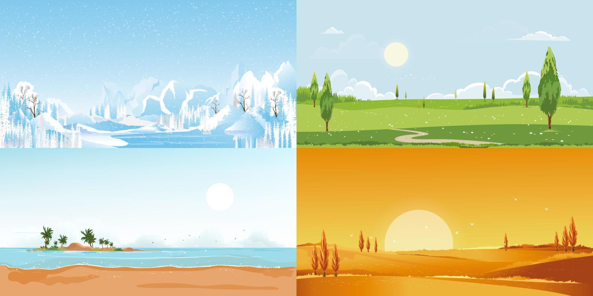 conjunto de paisajes de cuatro estaciones para invierno, primavera, verano y otoño o otoño, banner panorámico de ilustración vectorial de la naturaleza de todas las estaciones con montaña, bosque, árbol, parque y fondo de vacaciones de arena de playa vector