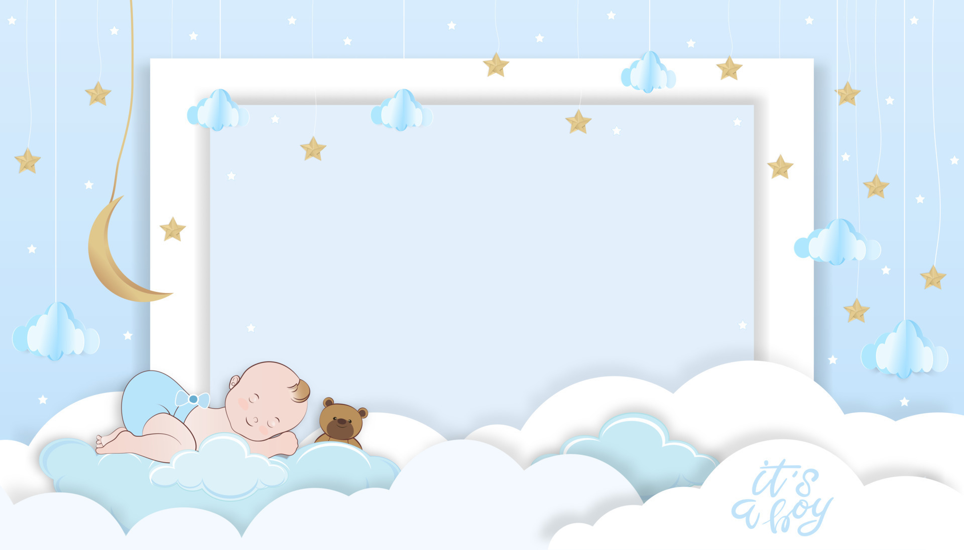 Vector illustration for baby boy shower card on blue background,Paper