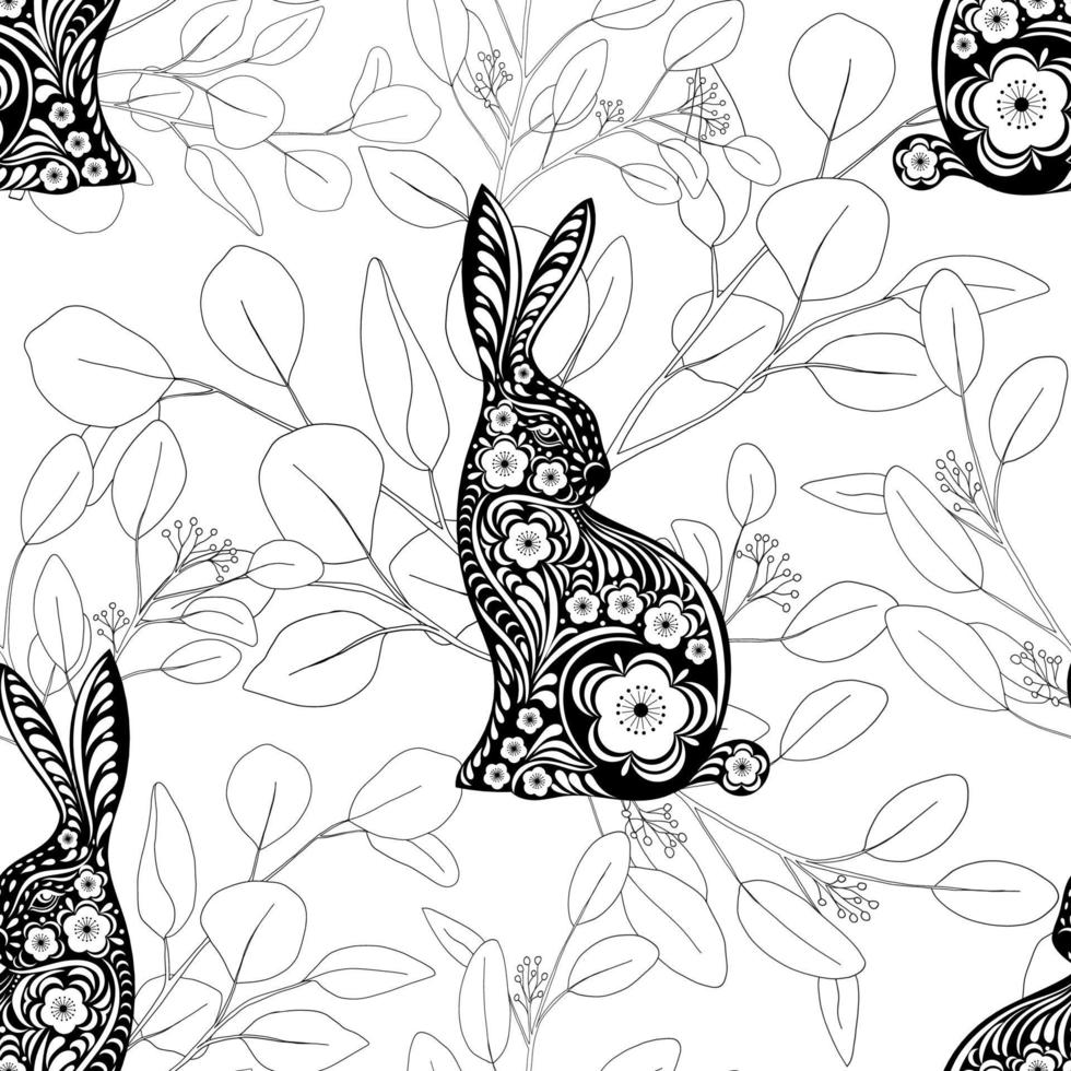 Seamless Doodle Rabbit with Eucalyptus leaves on white background,Chinese zodiac for element, Edless fabric pattern Easter Bunny with Floral fancy hare for print,wrapping paper vector