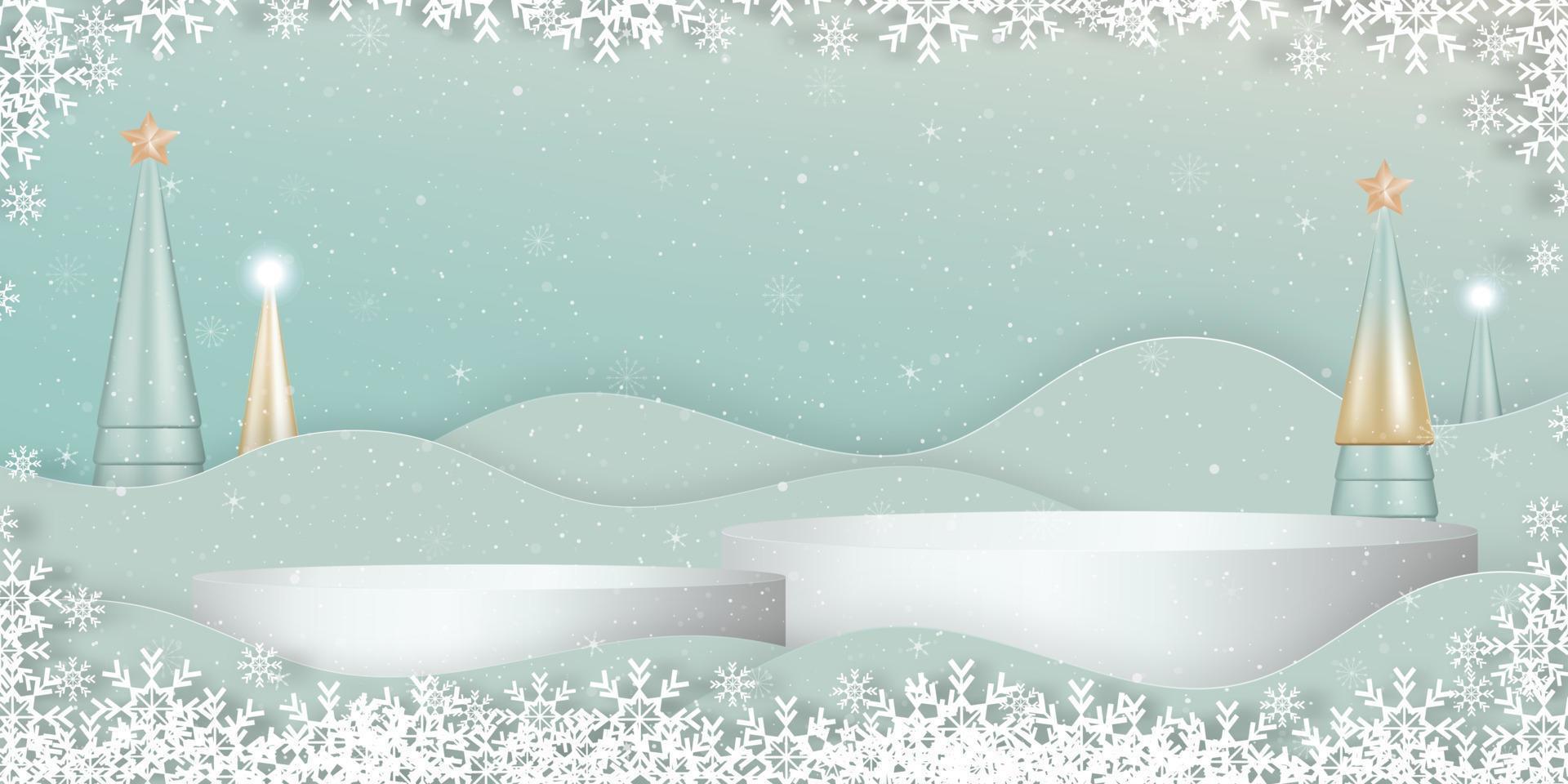 fondo de navidad y año nuevo. sala de estudio con soporte de cilindro 3d, árbol de navidad cónico, corte de papel de copos de nieve. telón de fondo de banner vectorial de paisaje invernal con elemento de navidad para tarjeta de felicitación de vacaciones vector