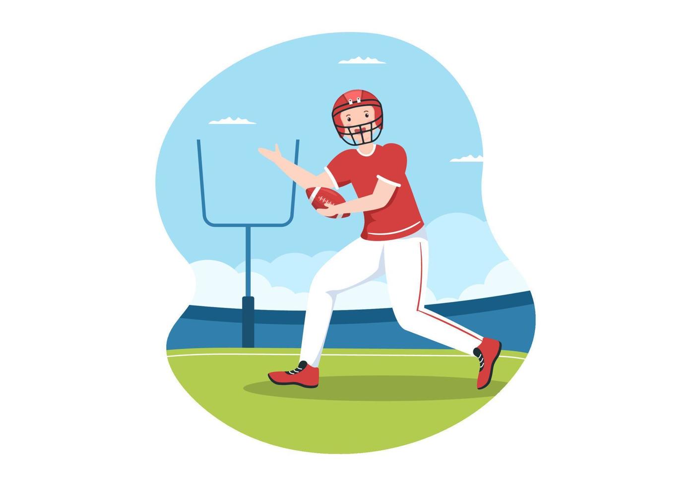 el jugador de fútbol americano con el juego usa una pelota de forma ovalada y es marrón en el campo ilustración plana de dibujos animados dibujados a mano vector