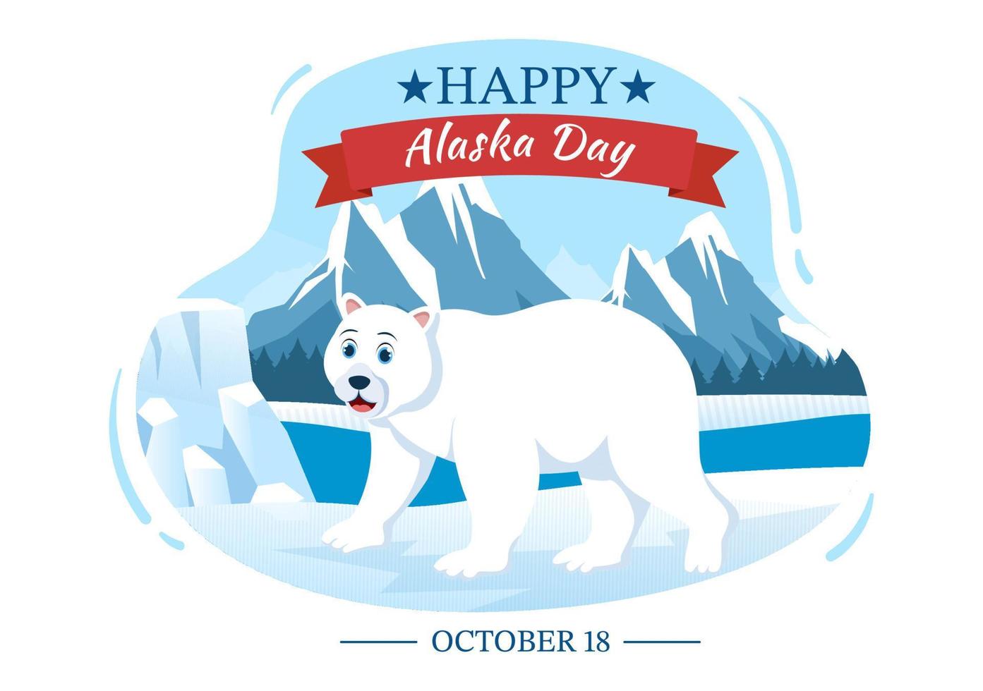 feliz día de alaska el 18 de octubre ilustración plana de dibujos animados dibujados a mano con bandera ondeando en el paisaje invernal en plantilla para pancarta o póster vector