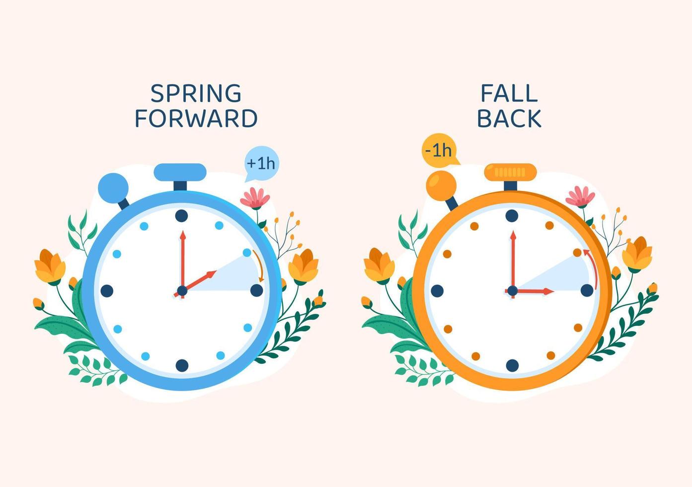 Daylight Savings Time Hand Drawn Flat Cartoon Illustration with Alarm Clock or Calendar from Summer to Spring Forward Design vector