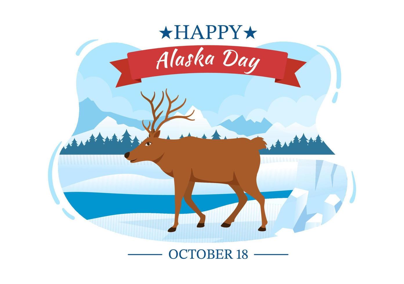 feliz día de alaska el 18 de octubre ilustración plana de dibujos animados dibujados a mano con bandera ondeando en el paisaje invernal en plantilla para pancarta o póster vector